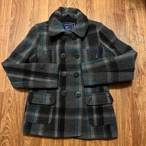 American Eagle Pea Coat Jacket‎ Women Medium Gray Plaid 70% Wool Blend